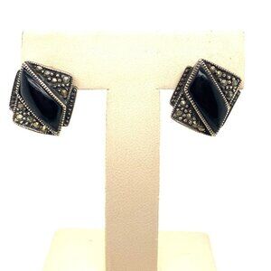 VTG Estate Sterling Silver, Black Onyx & Marcasite Pierced Back‎ Earrings! 70